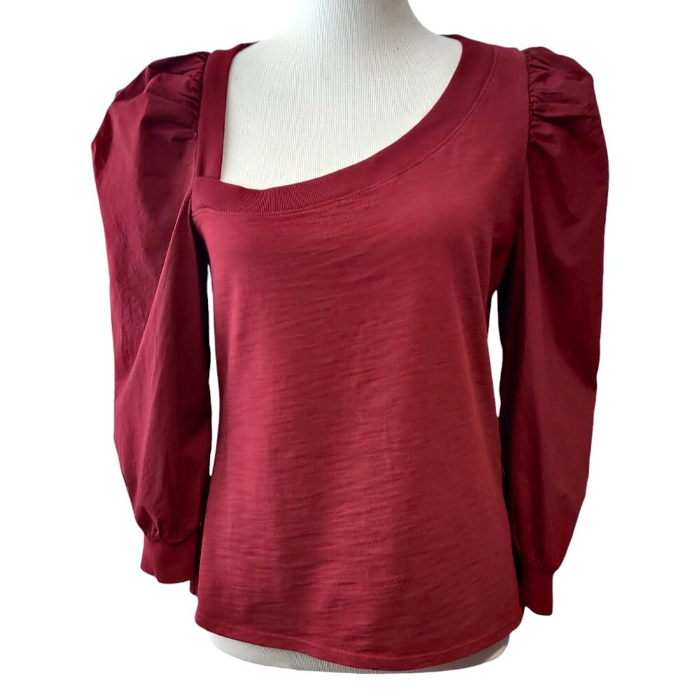 Nation LTD Womens Size M Red Tori Asymmetric Neck Combo Puff Sleeve Cotton Top